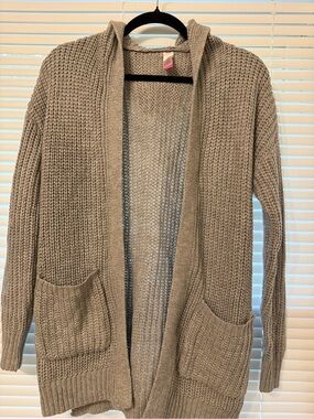 No Boundaries Taupe Open-Front Hooded Knit Cardigan